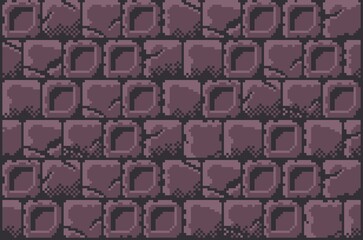 2D Brick Wall Texture. Grungy 8-bit pixel art background featuring a seamless pattern of dark brown, red, rough stone wall blocks.Ideal for retro game environments, digital art, game asset, background