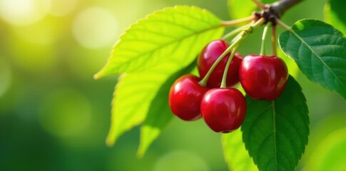 Cluster of cherries on branch, green leaves, sunlight, delicious, nature clipart, branch