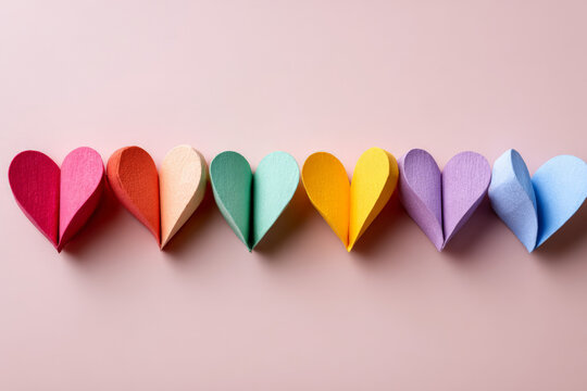 Colorful origami hearts arranged in a row on pink background