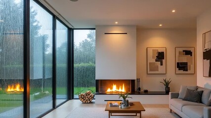 Cozy modern living room ambiance with fireplace and rain window video loop