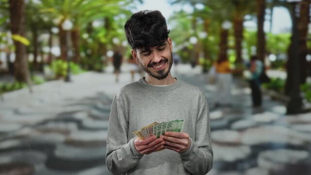 Man smiling while holding norwegian krone banknotes on a vibrant urban street with palm trees in the background, showcasing an outdoor financial theme.