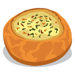 cob loaf, bread bowl with vegetables.