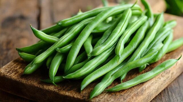selective focus fresh green beans on rustic cutting board