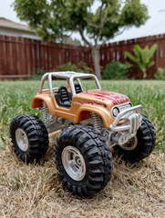 Toy monster truck in a garden setting.