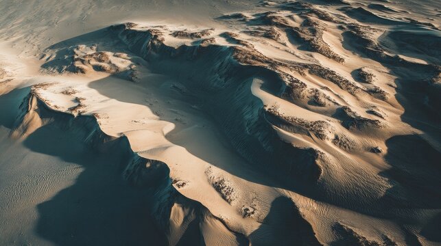 Aerial View of Wind Sculpted Sand Dunes in Warm Desert Landscape