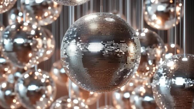 Disco Ball Reflected Moving Rays Rotating. Mirror3D disco ball in white light. Isolated disco ball on black background. Close-up. Mirror ball spinning indoors. Performance. The reflection of lights