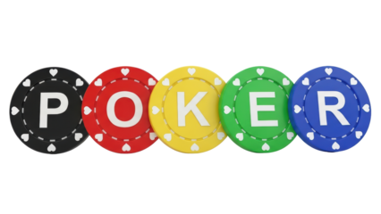 Colorful Poker Chips Spelling the Word POKER on White Background
