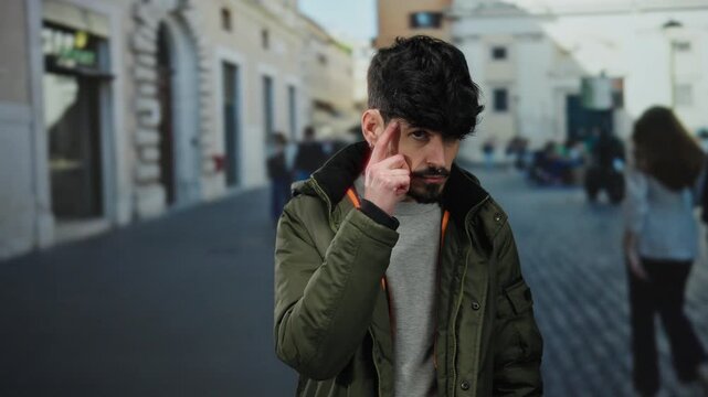 Young man with dark hair and a beard wearing a jacket on a city street presenting thoughtful gestures