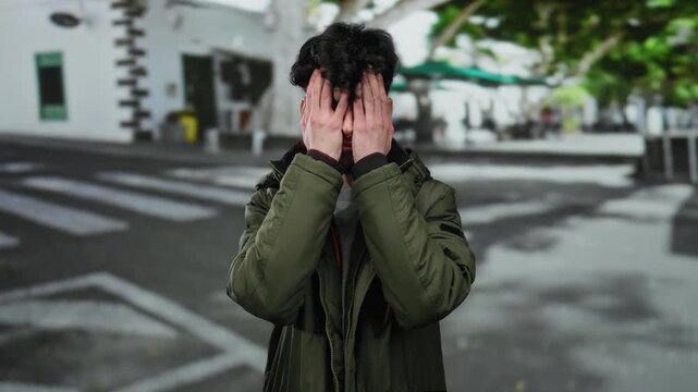 Man in green jacket standing on urban street with hands on face or smiling, capturing diverse emotions outdoors in a city setting.