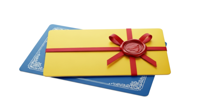Gift Voucher with Red Ribbon and Wax Seal on Blue Card Background
 - Powered by Adobe