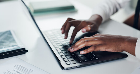 Fototapeta premium Typing, documents and hands of person on laptop for planning, checklist and online report. Review, business woman and technology for research with paperwork, proposal or schedule for networking
