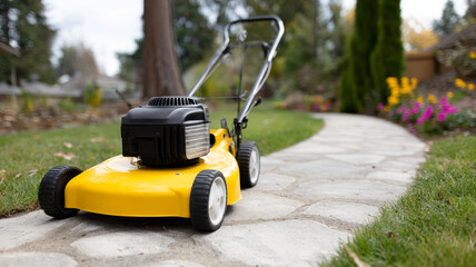 Fototapeta premium Yellow lawn mower on a garden path near grass and plants.