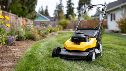 Yellow lawnmower on a vibrant green lawn in a home garden.