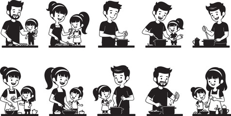 Cartoon family cooking, parent and child, kitchen activity, food preparation, bonding moment, black and white vector, culinary teamwork, isolated illustration, home chef