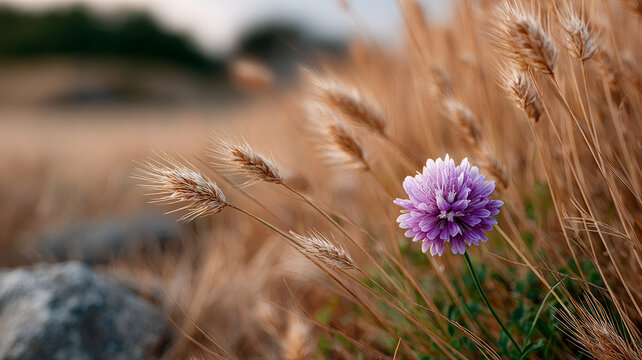 Purple clover flower in a field of wheat and grass. - Powered by Adobe