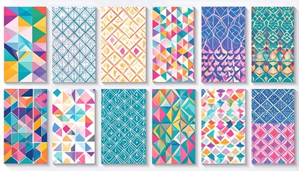 Twelve colorful geometric pattern designs in a neat, organized array