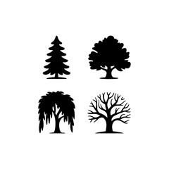 4 tree shapes in solid black fill, white background, vector style