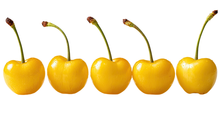 Five bright yellow cherries in a row