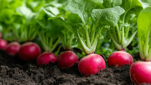 selective focus fresh radishes growing in garden bed