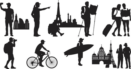 Travel silhouettes with landmarks, tourists exploring, photography, cycling, hiking, black vector illustration, urban sightseeing, outdoor lifestyle, international adventure, white background