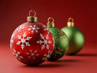 festive arrangement of red and green Christmas ornaments with glittery snowflake and branch patterns, set against a rich red background evoking holiday warmth