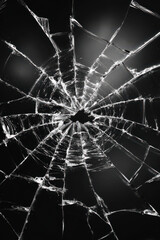 Obraz premium dramatic close-up of a cracked glass surface forming a spiderweb-like pattern from a central point of impact, symbolizing tension, fragility, and sudden disruption
