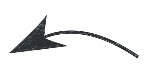 Hand drawn crayon movement black arrow. Grunge squiggly arrow. Pencil chalk lines sketch. Color brush scribble element. Doodle vector illustration.