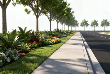 3D render of a road greening asset on a white background, featuring uniform street trees, diverse colorful shrubs in the median, a sidewalk, and an asphalt road.