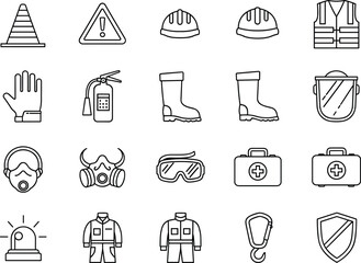 Safety equipment icons, PPE gear line icons, construction protection, hard hat, safety boots, gloves, goggles, shield, first aid kit