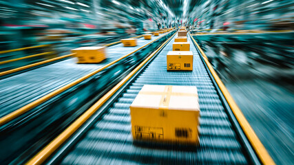 Colis et cartons en mouvement sur tapis roulant
