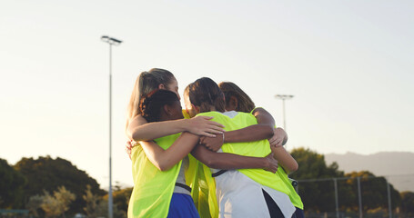 Huddle, support and women with sports game, hug and motivation with tournament. People, players or...