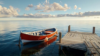 Naklejka premium Fishing boat docked at wooden pier on serene lake during sunset scenic view nature photography
