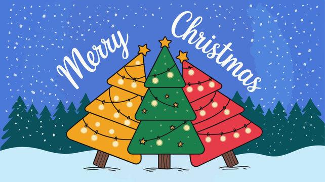 Three brightly colored christmas trees adorned with festive lights stand in a snowy winter forest under a starry night sky