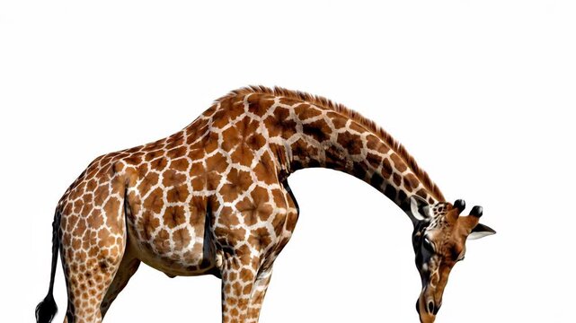 Giraffe Isolated on White - A close-up shows a giraffe with its brown and tan patterned hide, and long neck on a white background. The animal's head is slightly lowered.
