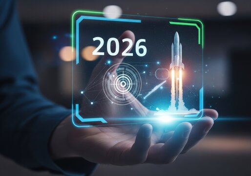Futuristic 2026 concept with a rocket launch on a digital interface - Powered by Adobe