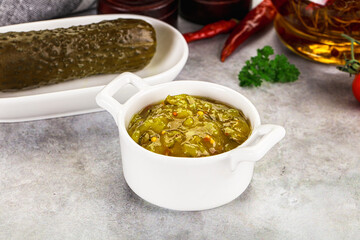 Souce gherkin relish with marinated cucumbers