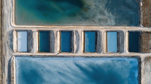 Abstract Aerial View of Rectangular Desalination Ponds with Color Gradients
