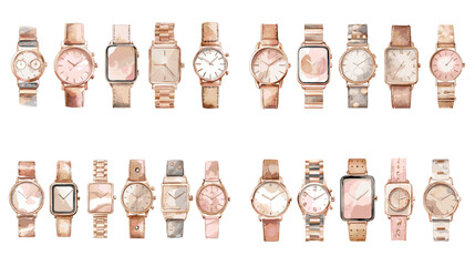 Watercolor illustration of elegant wristwatch collection in rose gold and neutral tones. Ideal for fashion, accessories, time, and lifestyle themed designs.