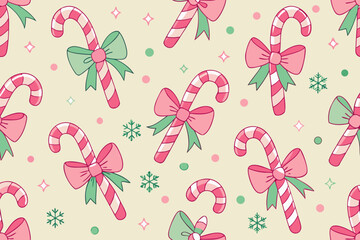 Seamless Pattern of Candy Canes and Bows with Festive Accents