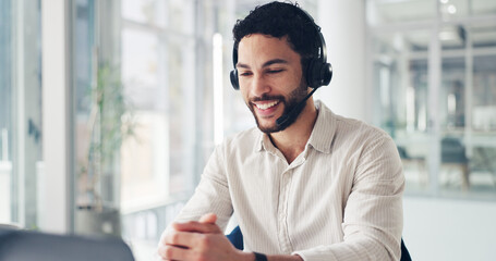 Laptop, smile and man in call center for technical support, feedback or troubleshooting. Computer,...