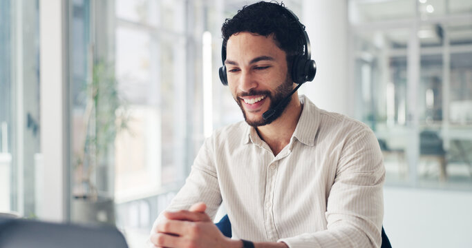 Laptop, smile and man in call center for technical support, feedback or troubleshooting. Computer, contact us and happy agent in workplace for software assistance, customer service and crm for IT - Powered by Adobe