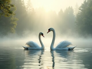 Fototapeta premium White swans gliding on calm misty lake at sunrise