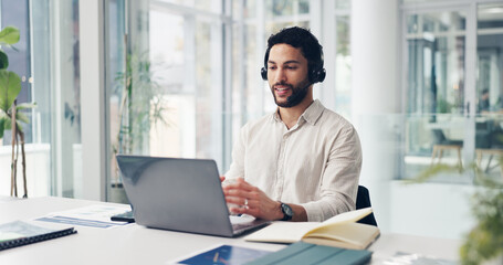 Happy, telemarketing and man with laptop, call center or communication with headset for consultation. Talking, consultant and person with mic for discussion, lead generation and customer service
