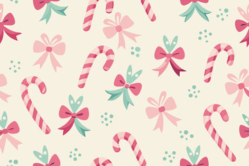 Whimsical Christmas Candy Cane and Bow Pattern with Dots