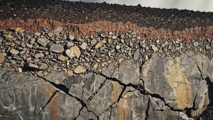 Soil Layers and Rock Formation - The image showcases a cross-section of soil layers transitioning into a rocky base. - Powered by Adobe