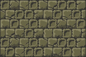 2D Brick Wall Texture. Grungy 8-bit pixel art background featuring a seamless pattern of dark green, rough stone wall blocks. Ideal for retro game environments, digital art, game asset, background