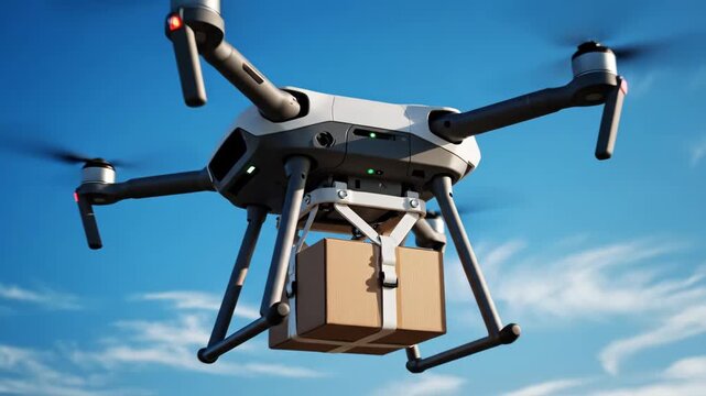Drone Delivery Service in Action - A modern drone equipped with green status lights is shown carrying a cardboard package securely attached underneath its chassis, ready for delivery.