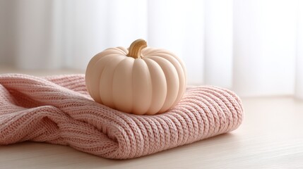 Flat lay of blanket and pumpkin arranged on a soft blanket in a cozy window seat, lit with golden hour, styled as cozy lifestyle, with soft orange tones