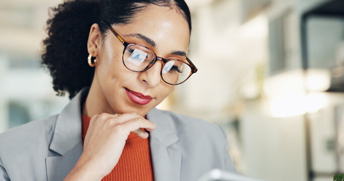 Thinking, reading and business woman with technology, regulation metrics or planning project. Office, glasses and advisor with idea in workplace, reflection and review compliance chart with data
