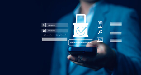 Businessman holding smartphone with digital login form, password, and padlock icon, representing cybersecurity, data protection, online privacy, secure access, and user authentication for digital